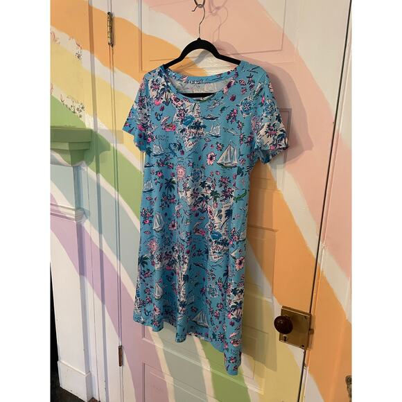 Lilly Pulitzer Pima Cotton Dress Size M Blue Tropical Map Print Short Sleeve - Picture 4 of 10
